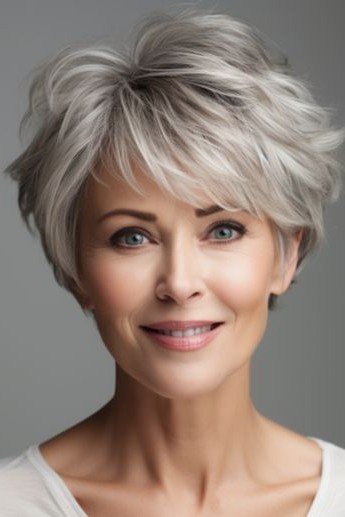 Textured Silver Pixie Cut with Side-Swept Bangs