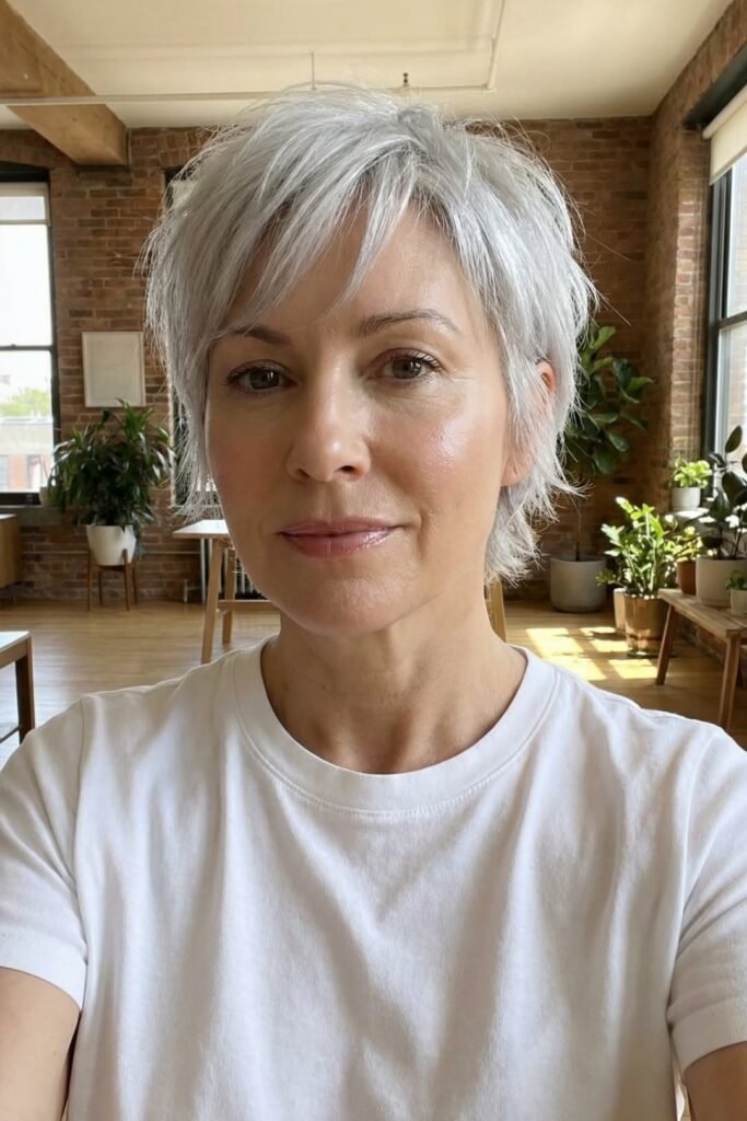 Textured Silver Pixie Cut with Side-Swept Bangs