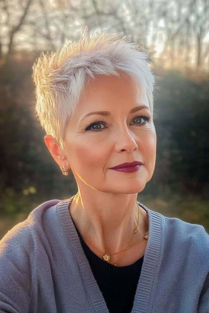 Textured Silver Pixie Cut with Side-Swept Bangs