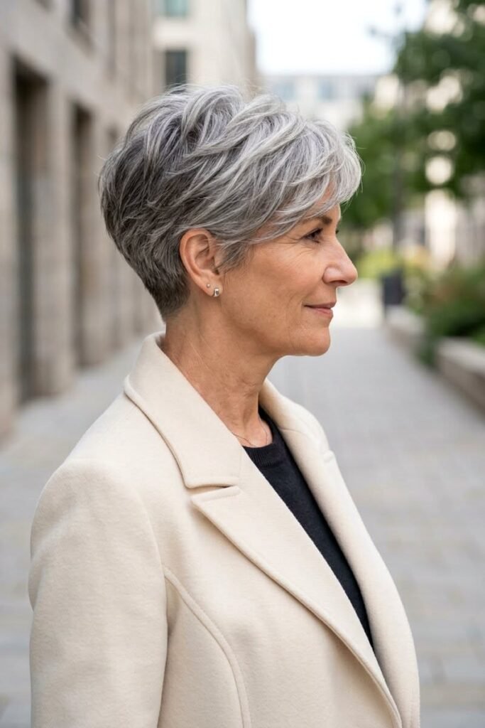 Tapered Silver Pixie with Side-Swept Volume