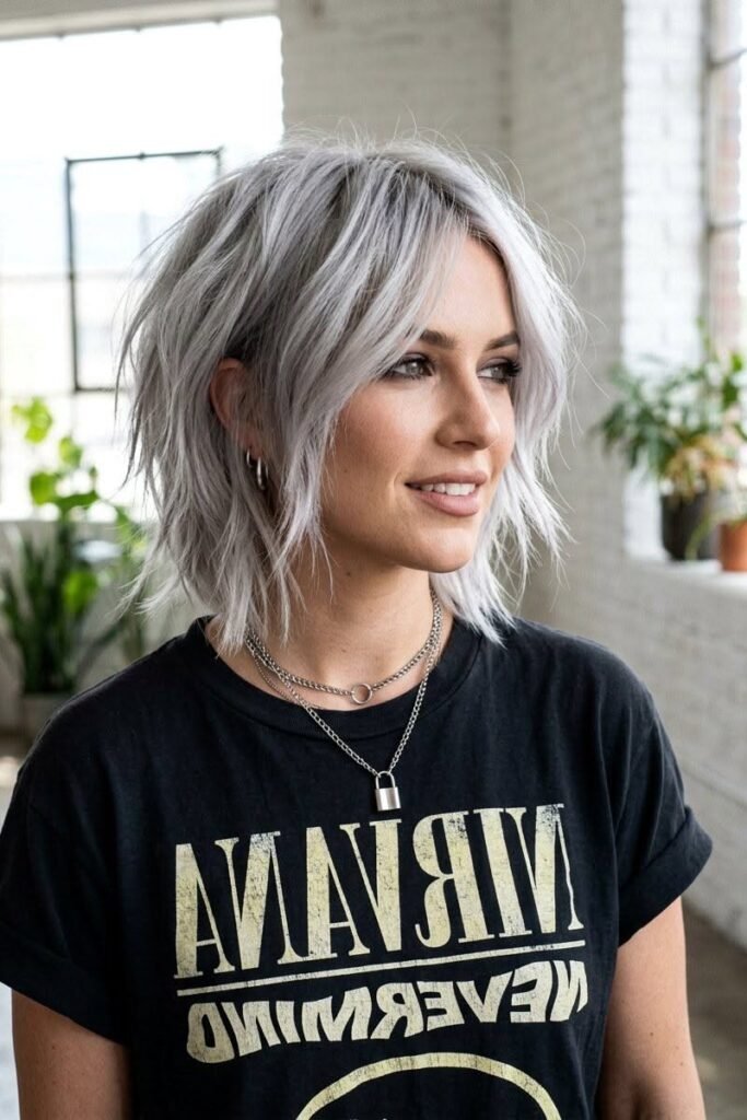 Textured Silver Shag Bob with Curtain Bangs
