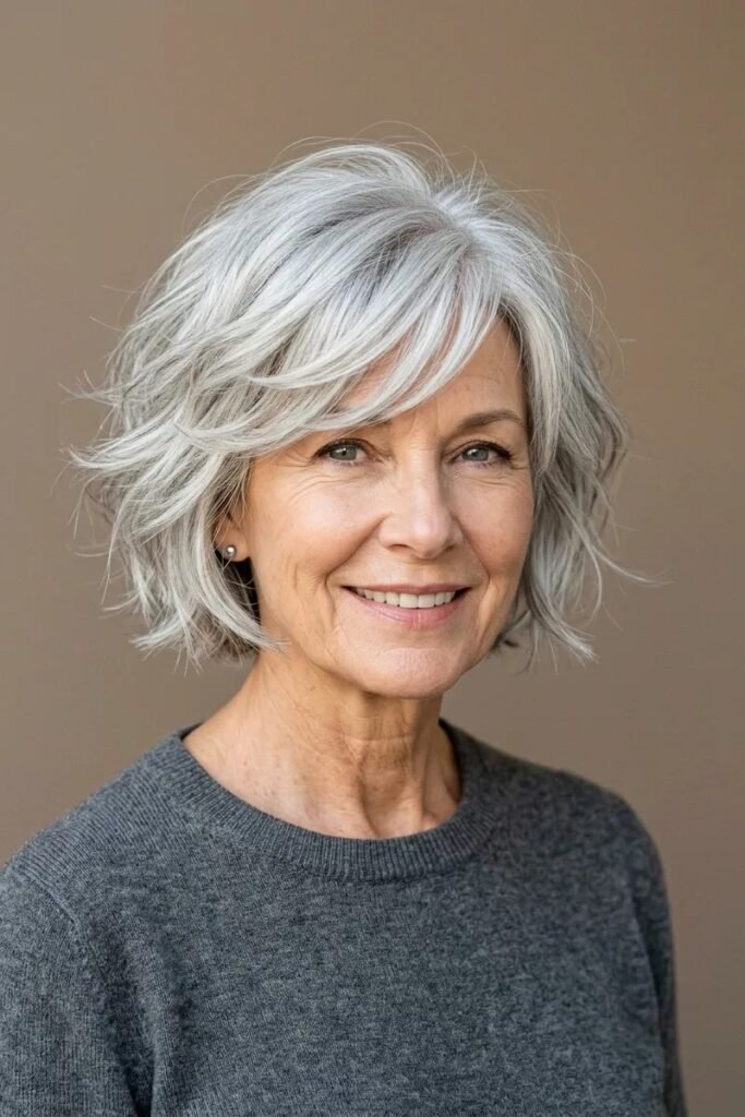 Textured Silver Shag Bob with Deep Side Swept Layers