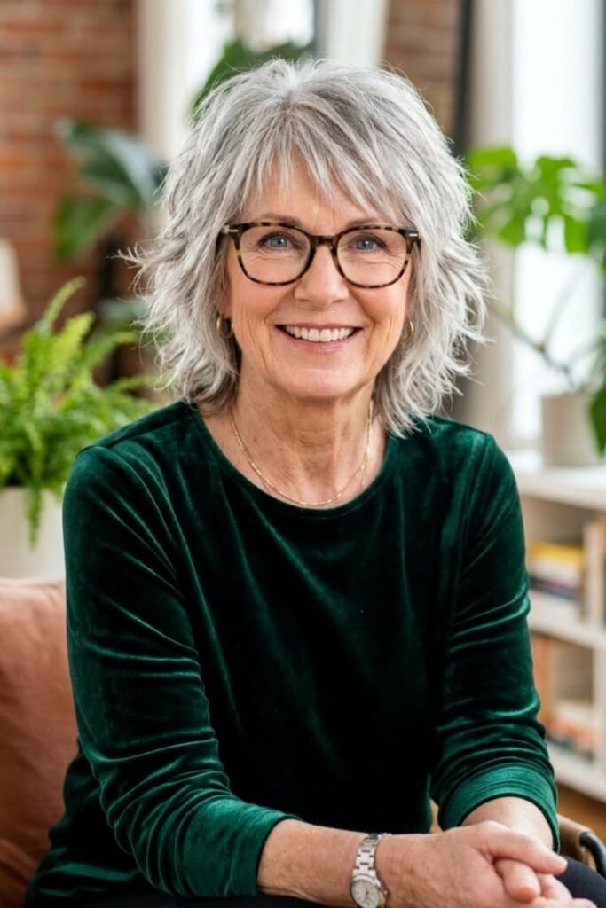 Textured Silver Shag with Soft Layered Bangs