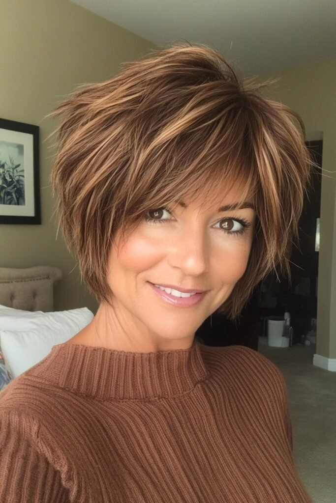 Textured Tousled Bob with Warm Caramel Highlights