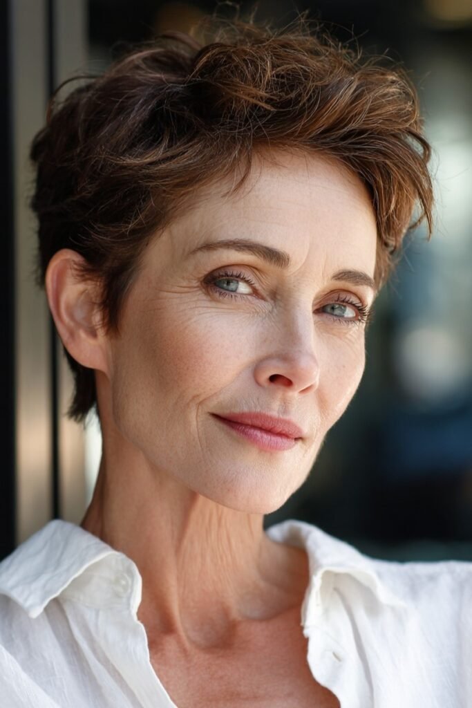 Textured Warm Brown Layered Pixie Cut