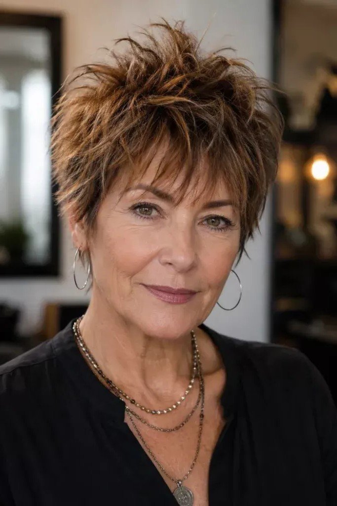 Textured Warm Brown Spiky Pixie Cut with Highlights