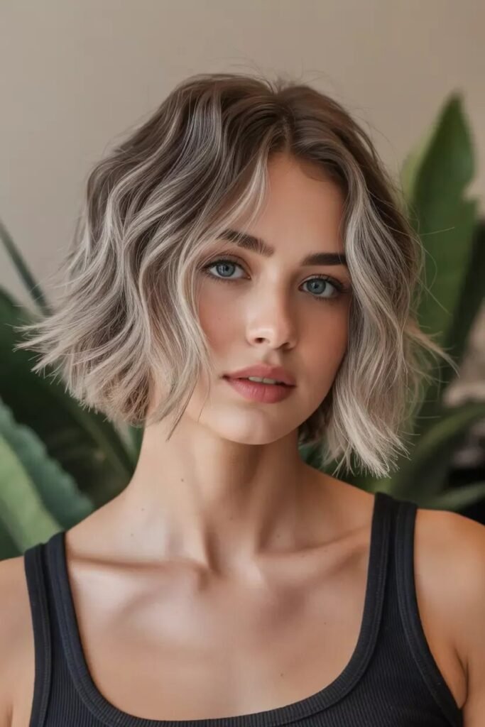 Textured Wavy Bob with Blonde Highlights