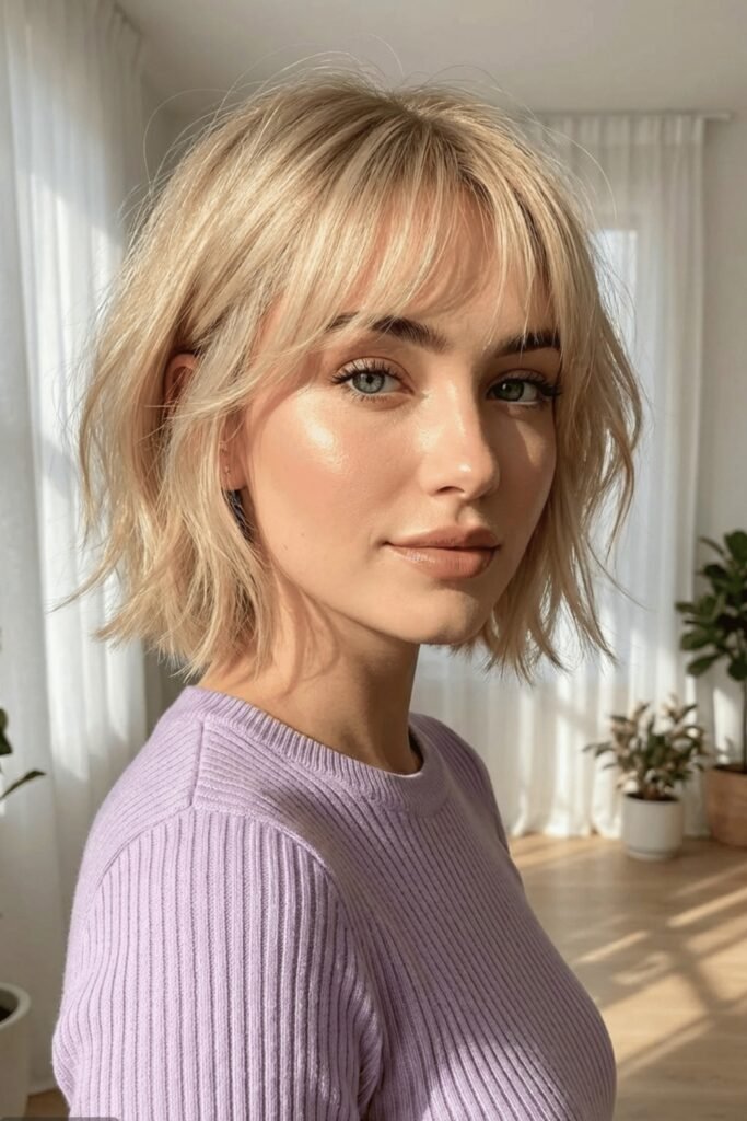 Textured Wavy Bob with Curtain Bangs