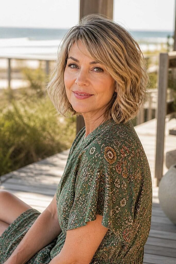 Textured Wavy Bob with Side-Swept Bangs