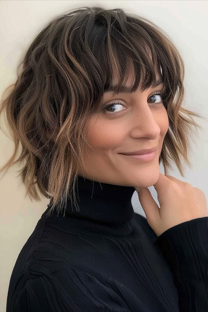 Textured Wavy Bob with Soft Fringe