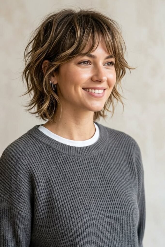Textured Wavy Brown Bob with Soft Bangs