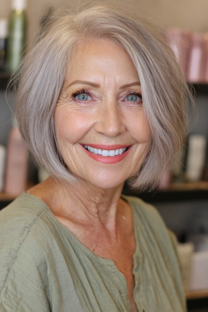 Texturized Ash Blonde Bob with Curtain Bangs