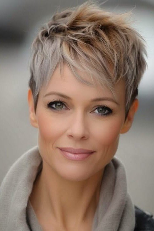 Tousled Ash Blonde Pixie with Textured Crown
