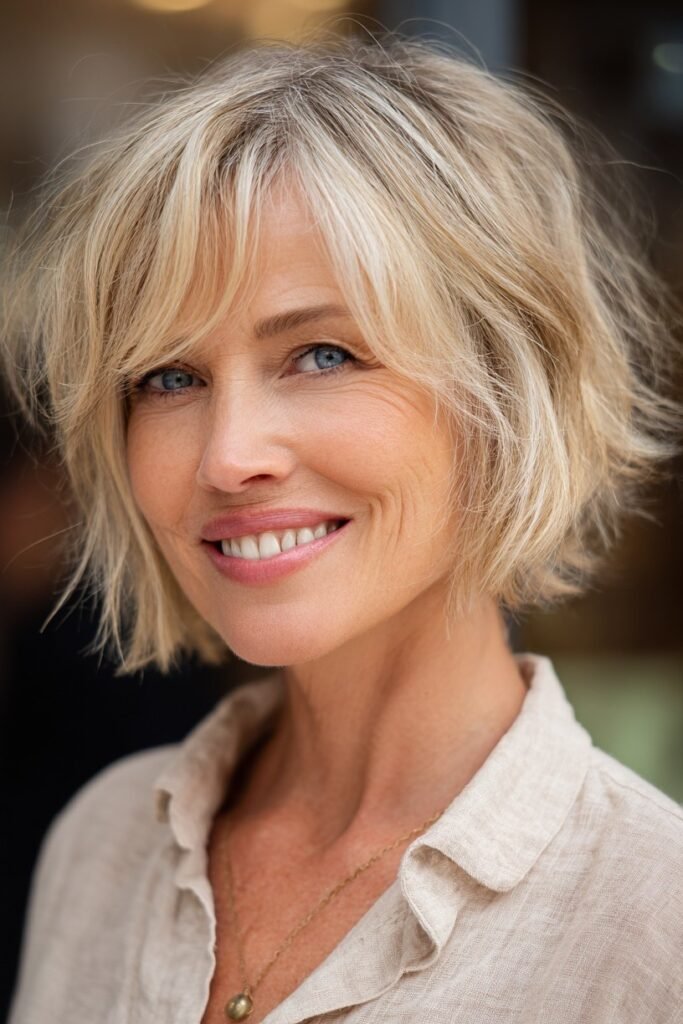 Tousled Blonde Bob with Side-Swept Bangs