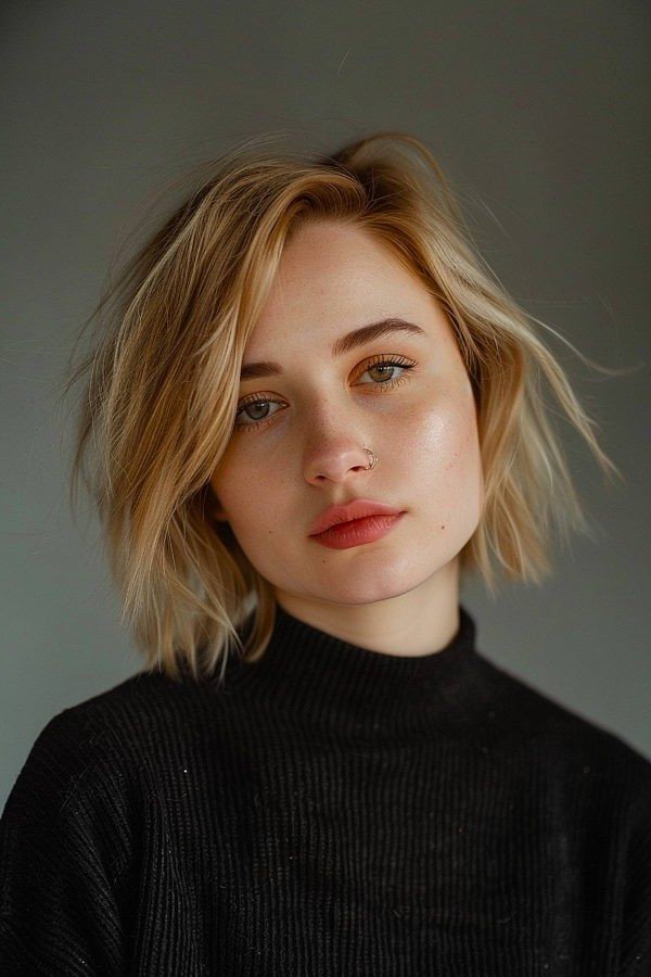 Tousled Blonde Bob with Side-Swept Bangs