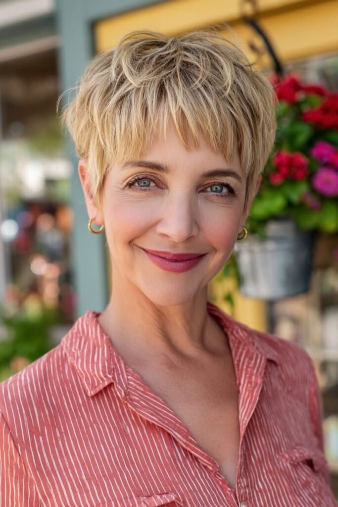 Tousled Blonde Pixie with Short Layered Fringe