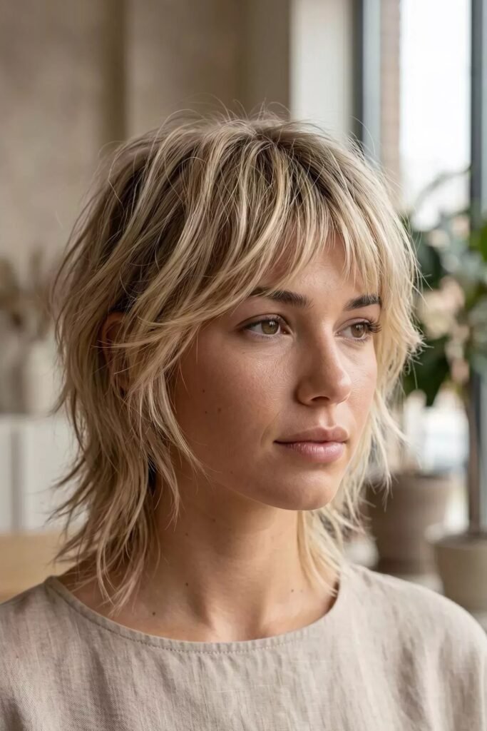 Tousled Blonde Shag Cut with Face-Framing Layers