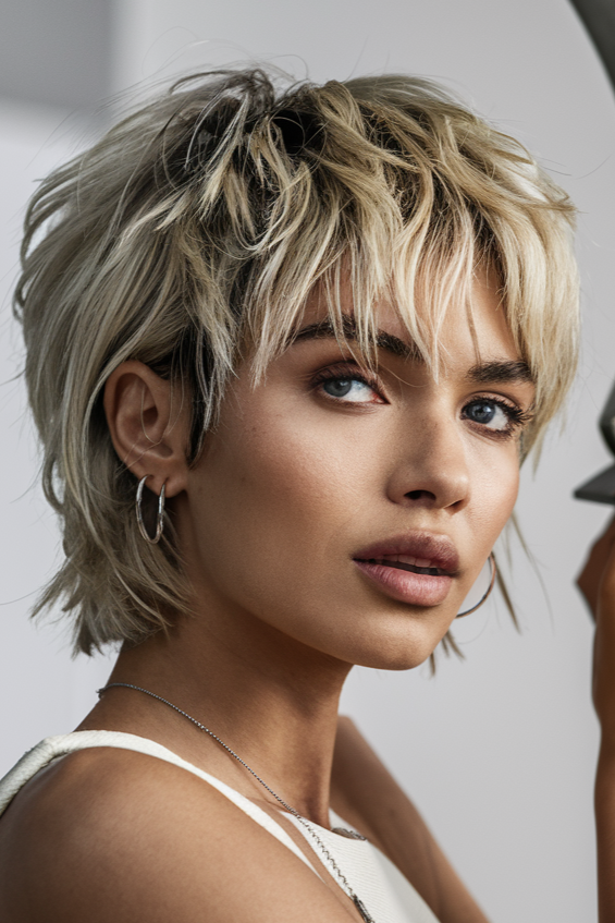 Tousled Blonde Shag with Textured Fringe