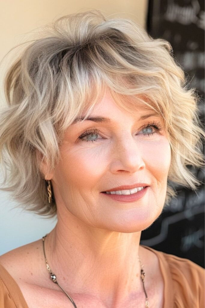 Tousled Blonde Wavy Bob with Side-Swept Bangs