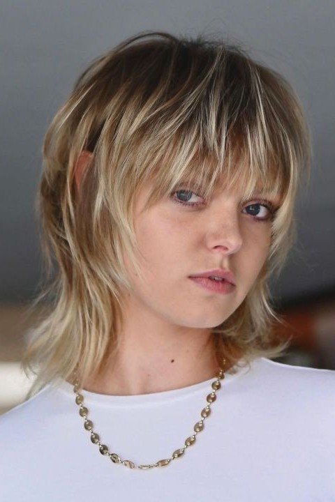 Tousled Blonde and Brown Balayage Shaggy Mullet