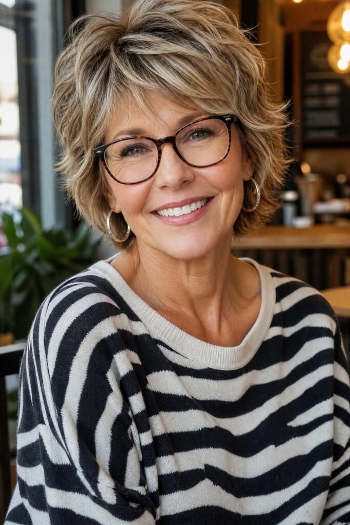 Tousled Bob with Highlights and Rounded Bangs