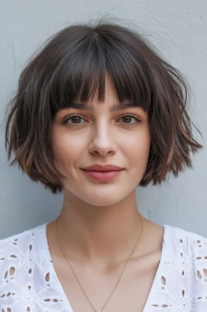 Tousled Bob with Soft Blunt Bangs and Natural Brunette Finish