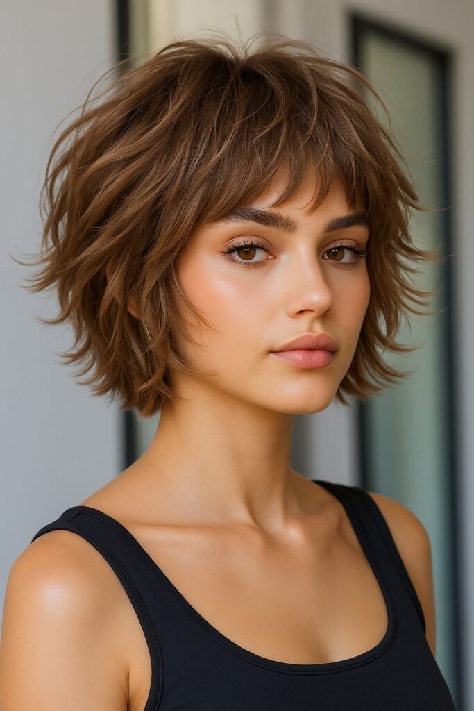Tousled Brown Bob with Feathered Bangs