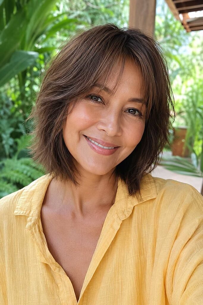 Tousled Brown Bob with Feathered Bangs