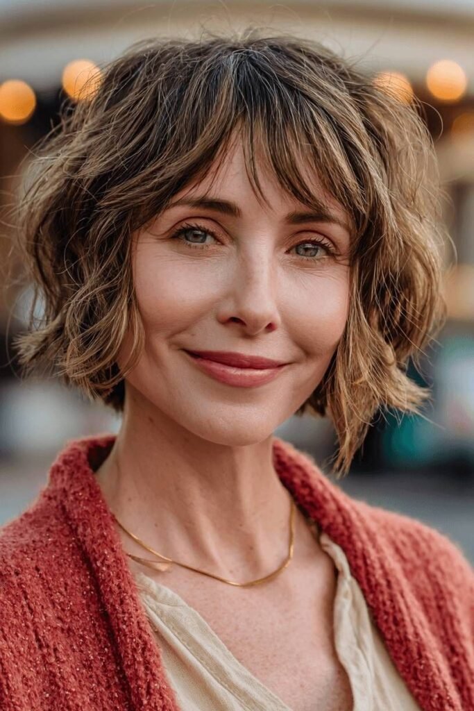 Tousled Brown Bob with Soft Bangs