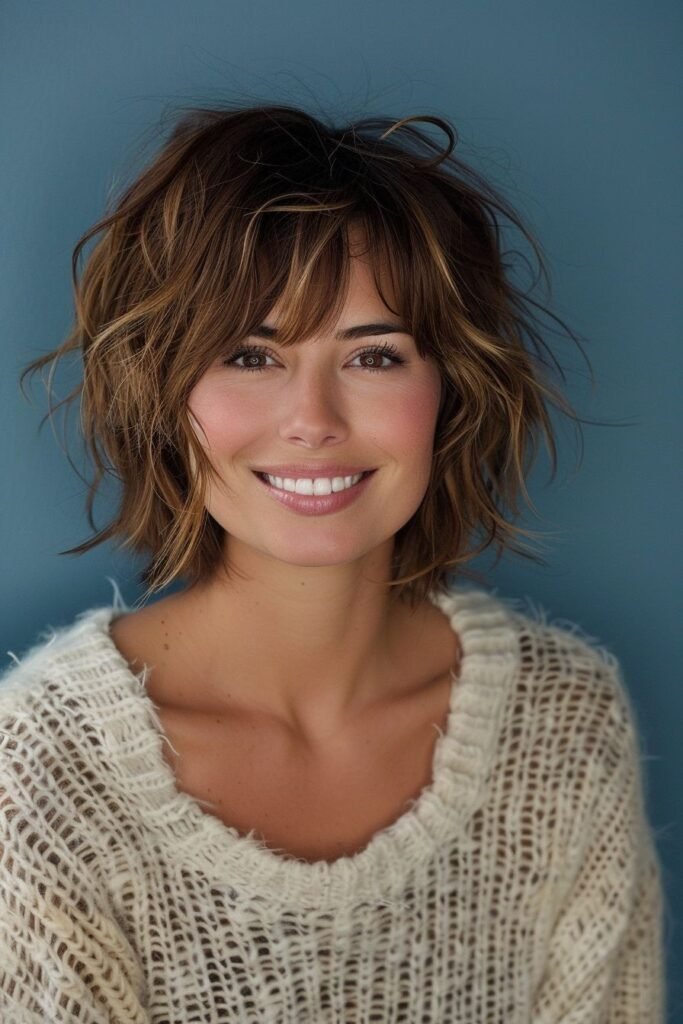 Tousled Brown Bob with Soft Fringe Bangs
