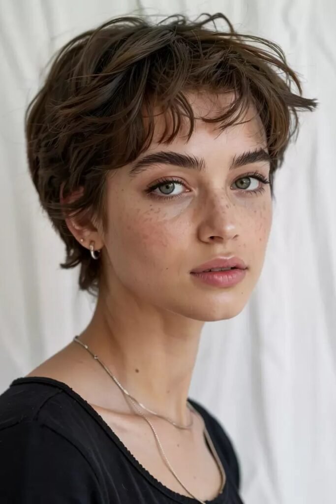 Tousled Brown Pixie Cut with Micro Bangs