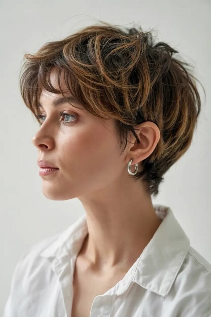 Tousled Brown Pixie Cut with Subtle Highlights and Soft Fringe