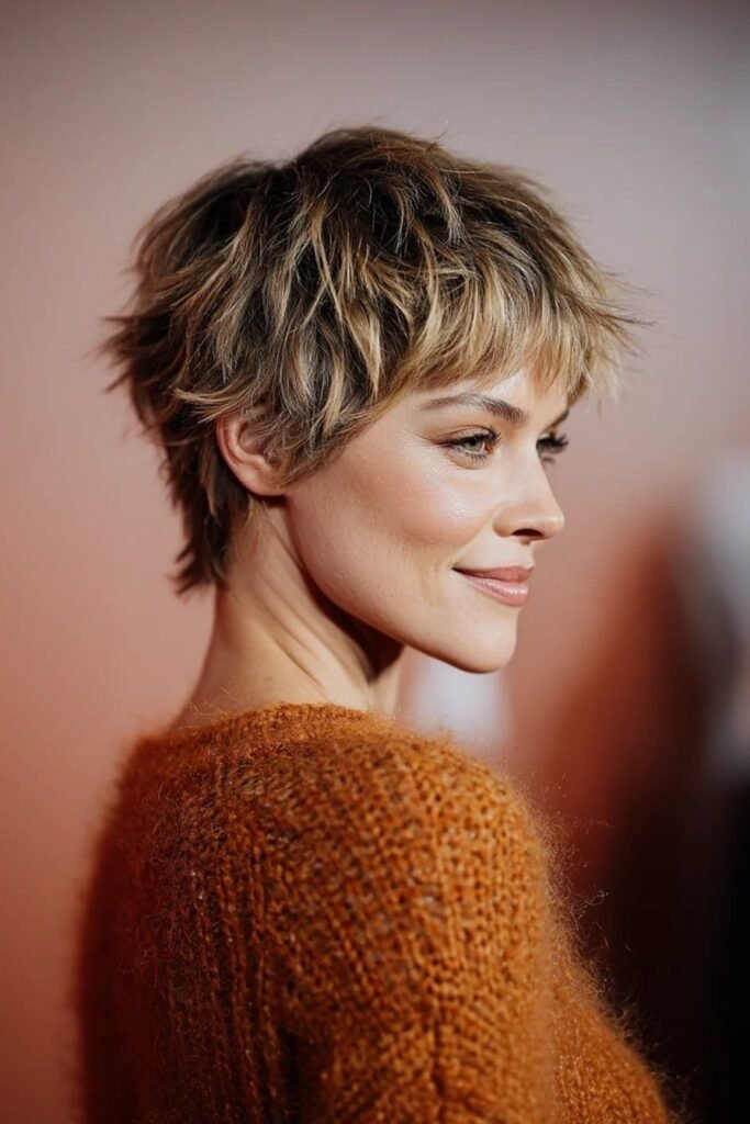 Tousled Brown and Blonde Pixie Crop with Soft Bangs