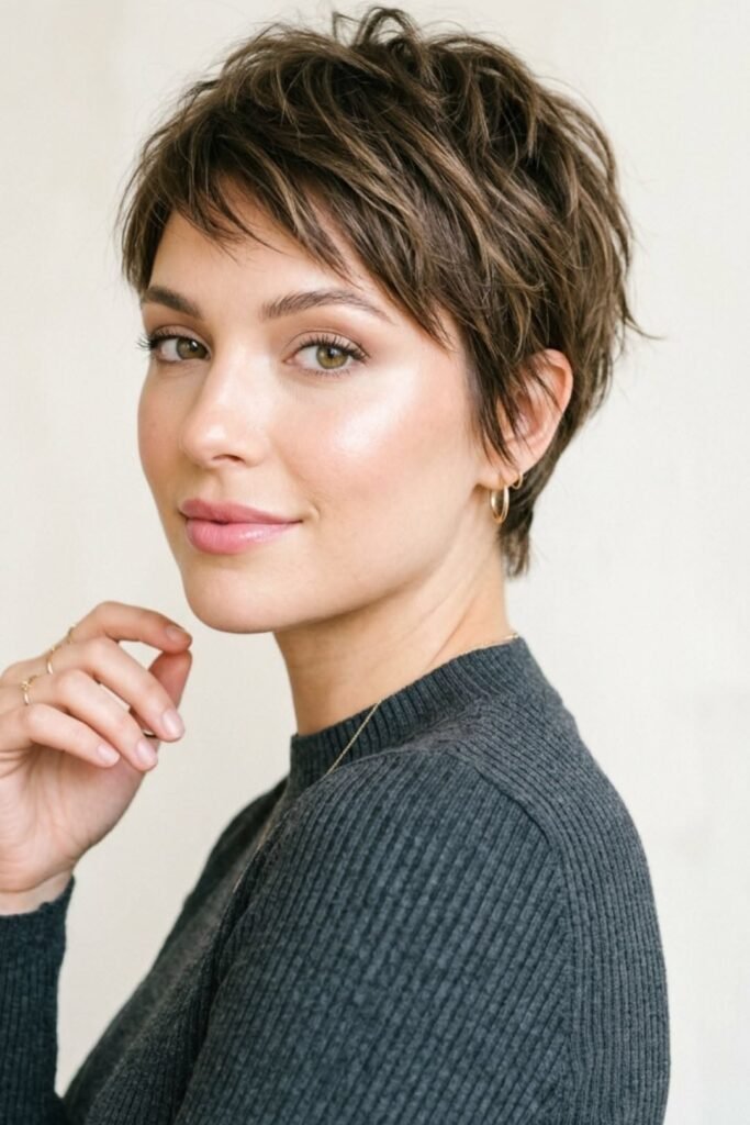 Tousled Brunette Pixie Cut with Soft Layered Fringe