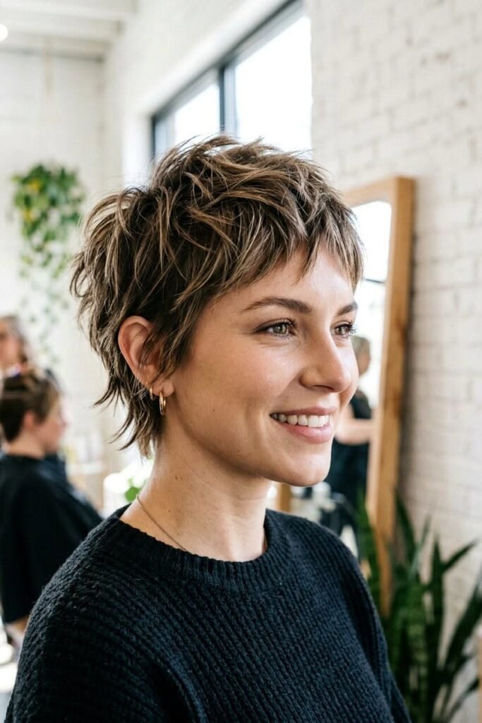 Tousled Brunette Pixie Shag with Side-Swept Bangs