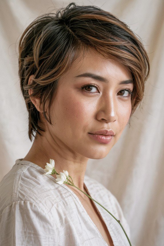 Tousled Brunette Pixie with Caramel Highlights