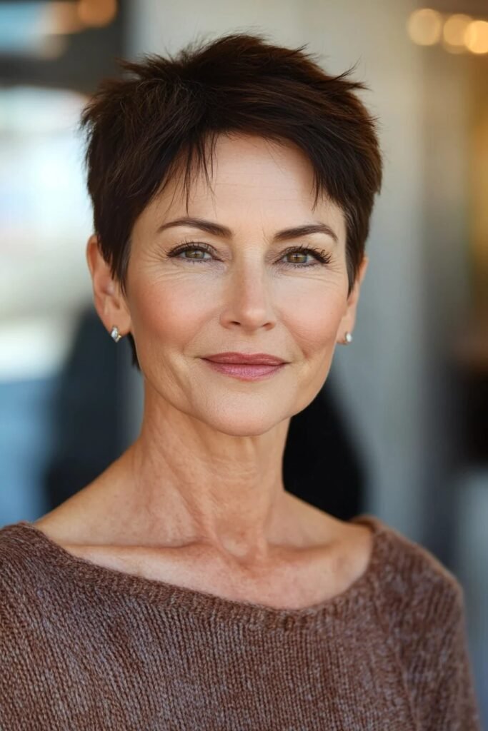 Tousled Brunette Pixie with Fine Bangs