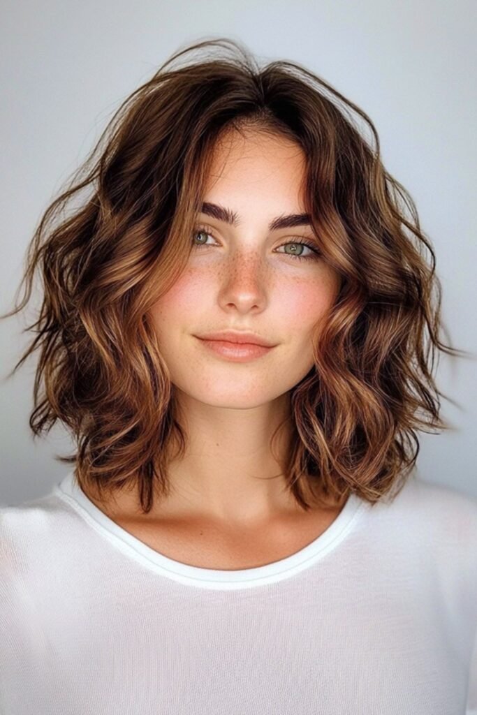 Tousled Caramel-Highlighted Wavy Bob