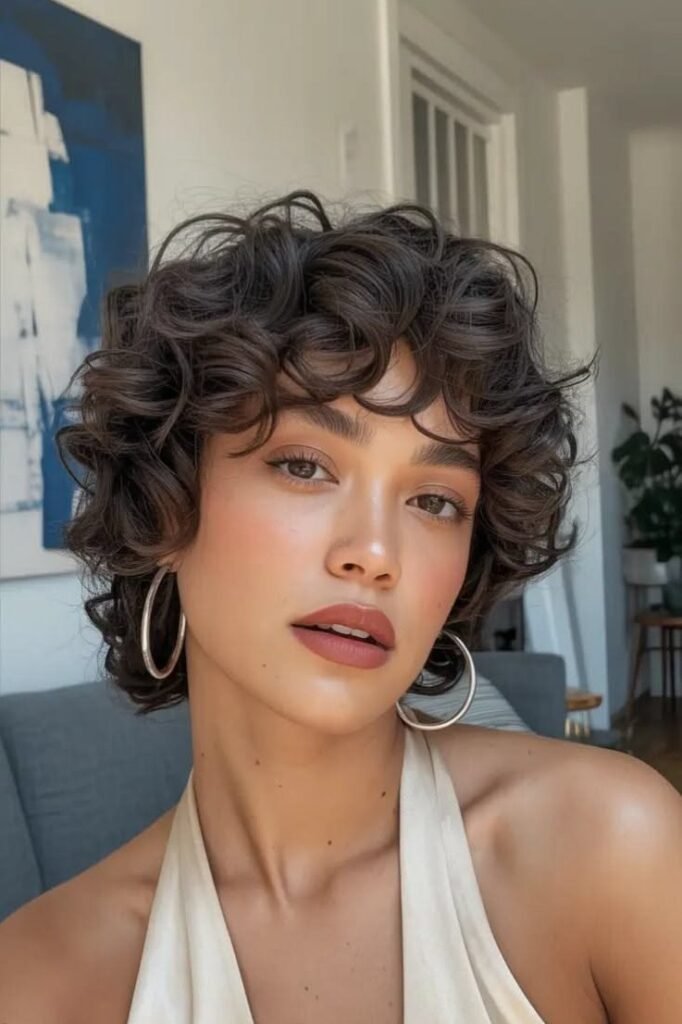 Tousled Curly Pixie with Soft Brown Tones