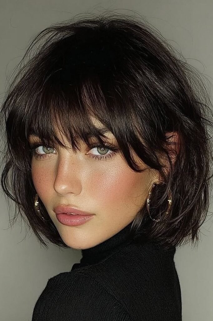Tousled Dark Bob with Full Bangs