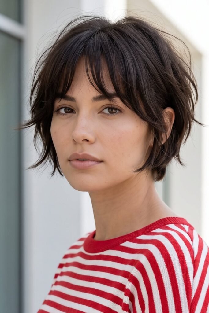Tousled Dark Bob with Soft Face-Framing Fringe