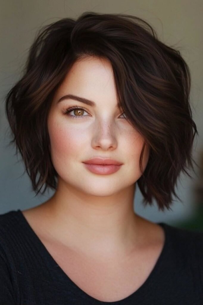 Tousled Dark Brown Bob with Side-Swept Waves