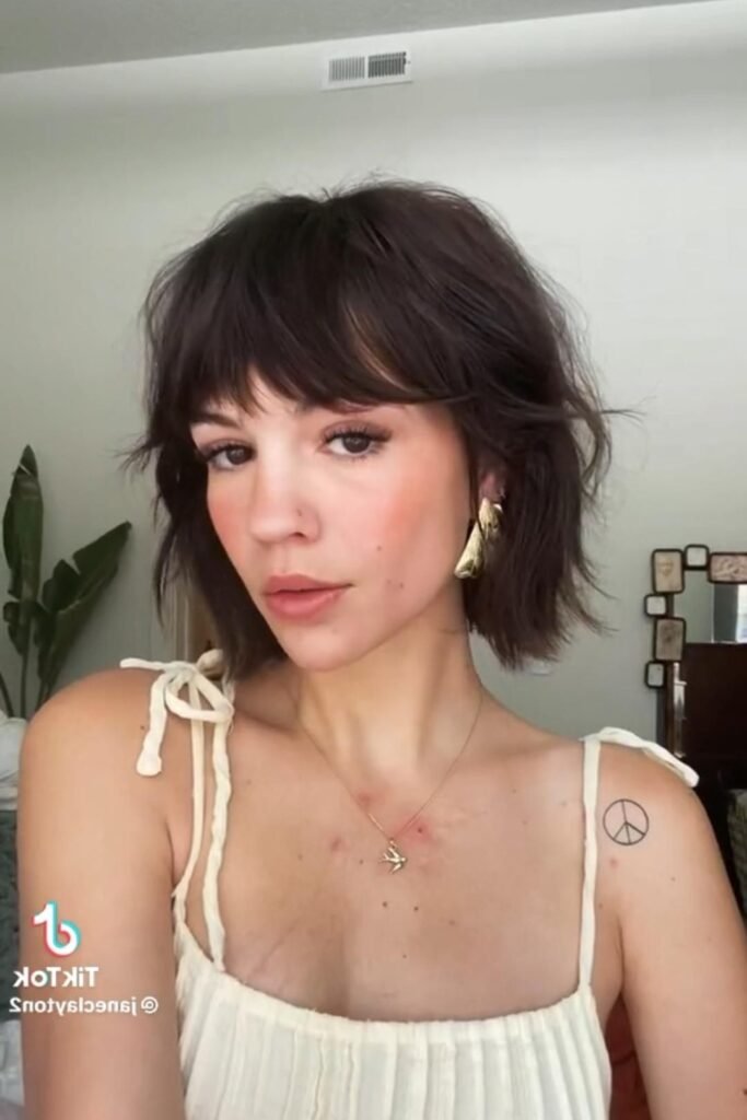 Tousled Dark Brown Bob with Textured Fringe