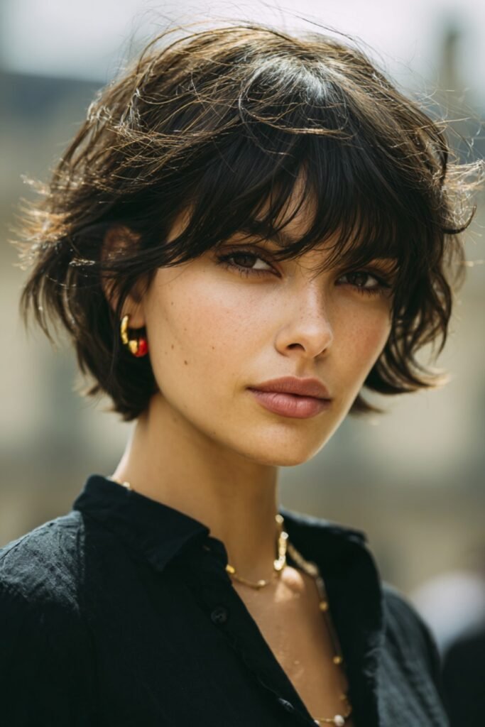 Tousled Dark Brown Shaggy Bob with Soft Bangs