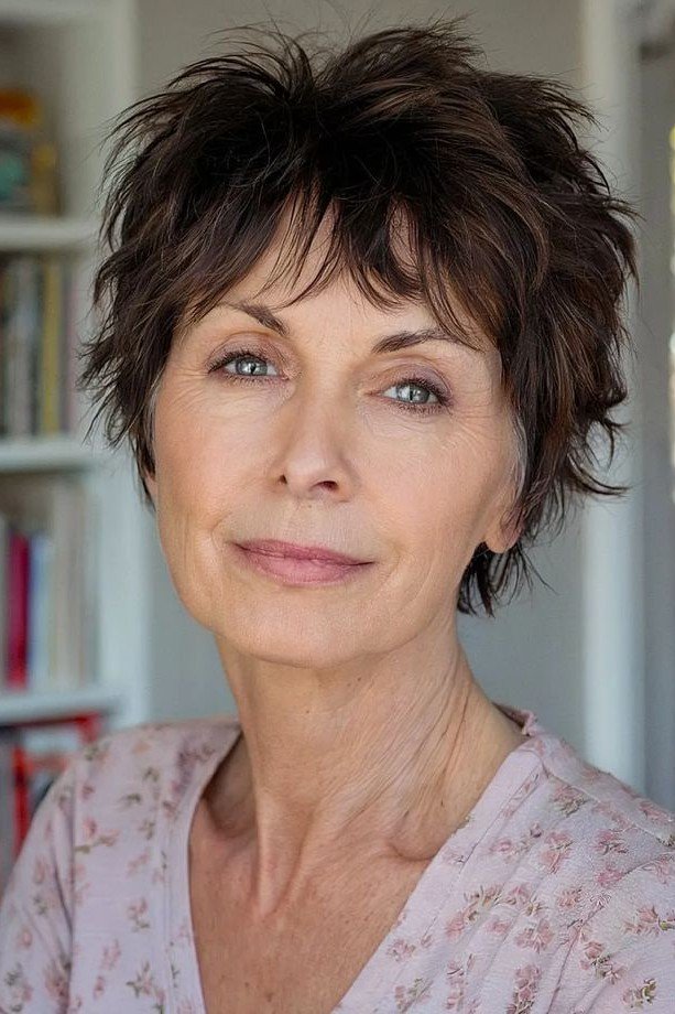 Tousled Dark Brown Shaggy Pixie Crop