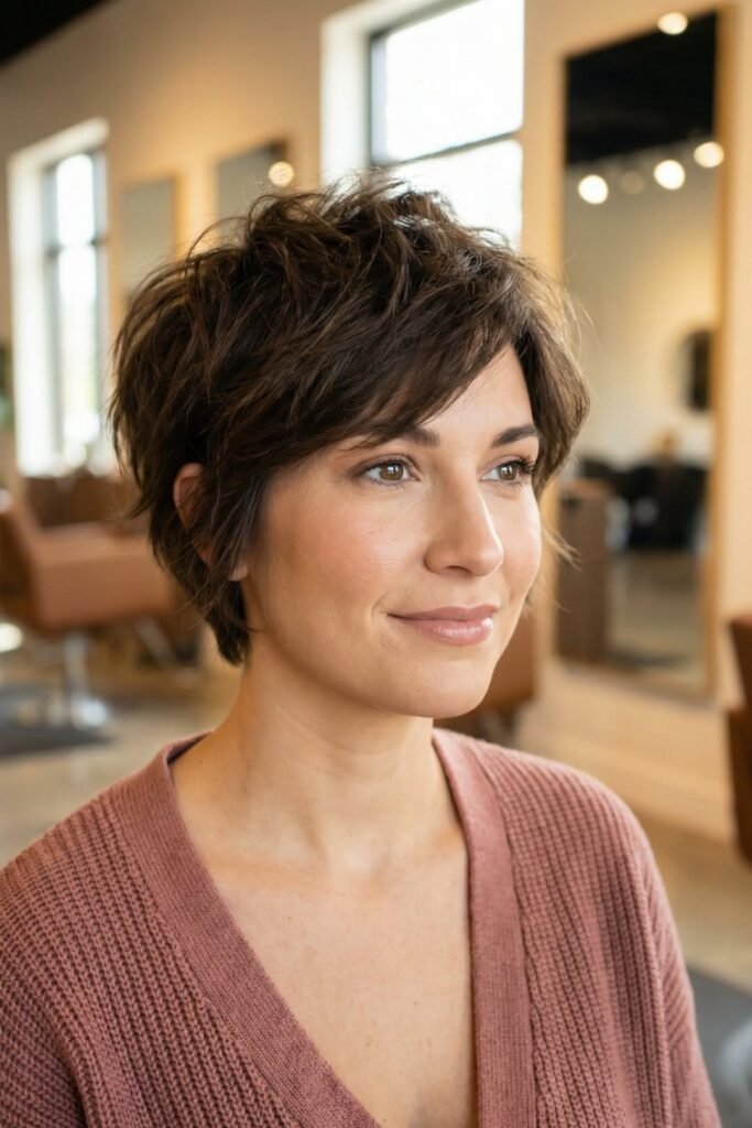 Tousled Dark Brown Shaggy Pixie Cut