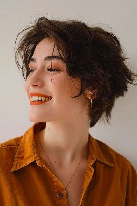 Tousled Dark Brown Shaggy Pixie Cut with Layered Fringe