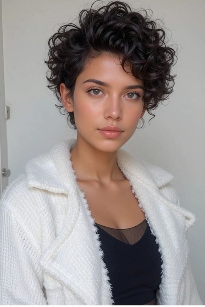 Tousled Dark Pixie Cut with Soft Curls
