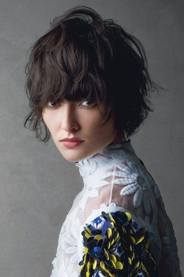 Tousled Dark Shaggy Bob with Full Bangs
