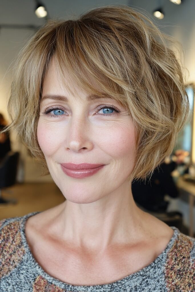 Tousled Golden Blonde Bob with Soft Layered Bangs